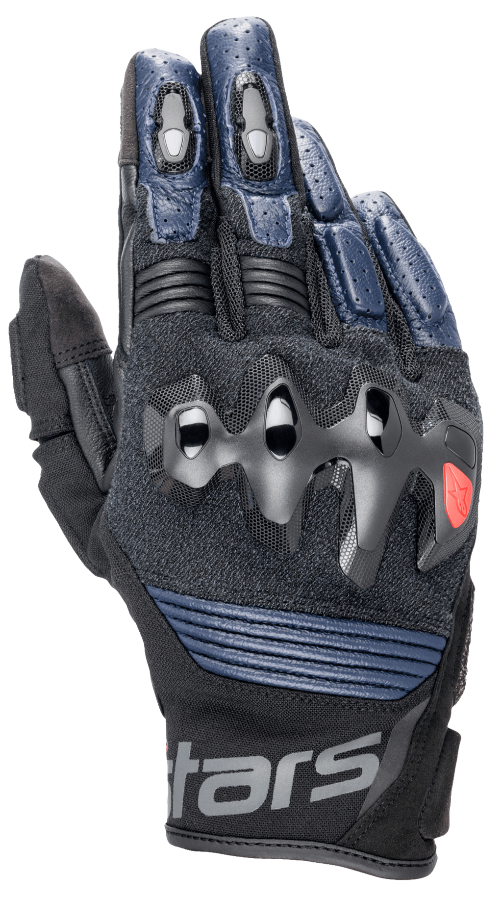 Alpinestars Halo Leather Gloves, rękawice motocyklowe, ciemnoniebieskie i czarne, z nadtryskiwanym ochraniaczem kostek, perforowaną skórą na palcach, panelami z siatki zapewniającymi wentylację i krótkim mankietem z logo Alpinestars