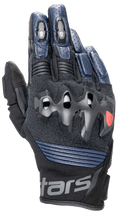 Alpinestars Halo Leather Gloves, rękawice motocyklowe, ciemnoniebieskie i czarne, z nadtryskiwanym ochraniaczem kostek, perforowaną skórą na palcach, panelami z siatki zapewniającymi wentylację i krótkim mankietem z logo Alpinestars