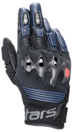 Alpinestars Halo Leather Gloves, rękawice motocyklowe, ciemnoniebieskie i czarne, z nadtryskiwanym ochraniaczem kostek, perforowaną skórą na palcach, panelami z siatki zapewniającymi wentylację i krótkim mankietem z logo Alpinestars