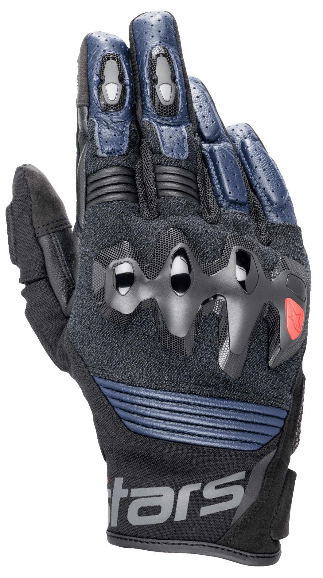 Alpinestars Halo Leather Gloves, rękawice motocyklowe, ciemnoniebieskie i czarne, z nadtryskiwanym ochraniaczem kostek, perforowaną skórą na palcach, panelami z siatki zapewniającymi wentylację i krótkim mankietem z logo Alpinestars