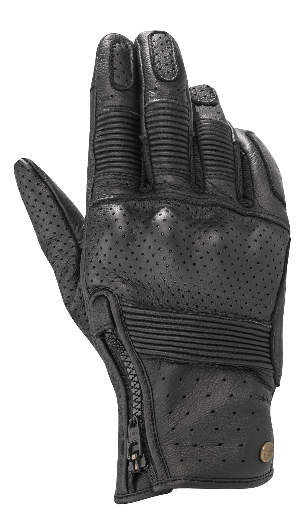 Alpinestars Rayburn V2 Leather Gloves, czarne miejskie rękawice motocyklowe, perforowana skórzana konstrukcja, żebrowane wstawki akordeonowe na palcach i grzbiecie dłoni, boczny zamek błyskawiczny, stylizacja inspirowana dziedzictwem