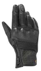 Alpinestars Rayburn V2 Leather Gloves, czarne miejskie rękawice motocyklowe, perforowana skórzana konstrukcja, żebrowane wstawki akordeonowe na palcach i grzbiecie dłoni, boczny zamek błyskawiczny, stylizacja inspirowana dziedzictwem