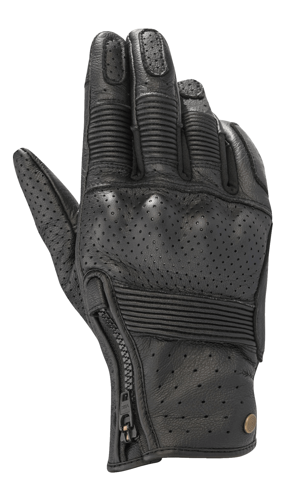 Alpinestars Rayburn V2 Leather Gloves, czarne miejskie rękawice motocyklowe, perforowana skórzana konstrukcja, żebrowane wstawki akordeonowe na palcach i grzbiecie dłoni, boczny zamek błyskawiczny, stylizacja inspirowana dziedzictwem