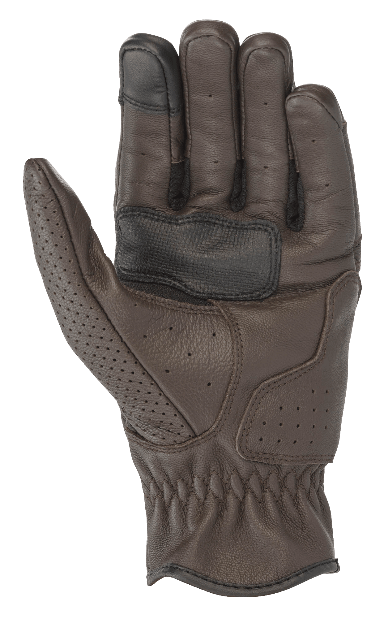 Alpinestars Rayburn V2 Leather Gloves, Tobacco Brown, widok od strony dłoni, konstrukcja ze skóry premium z lokalnymi perforacjami, wzmocniona dłoń dla lepszego chwytu i końcówka palca kompatybilna z ekranem dotykowym, miejski sprzęt motocyklowy inspirowany stylem retro
