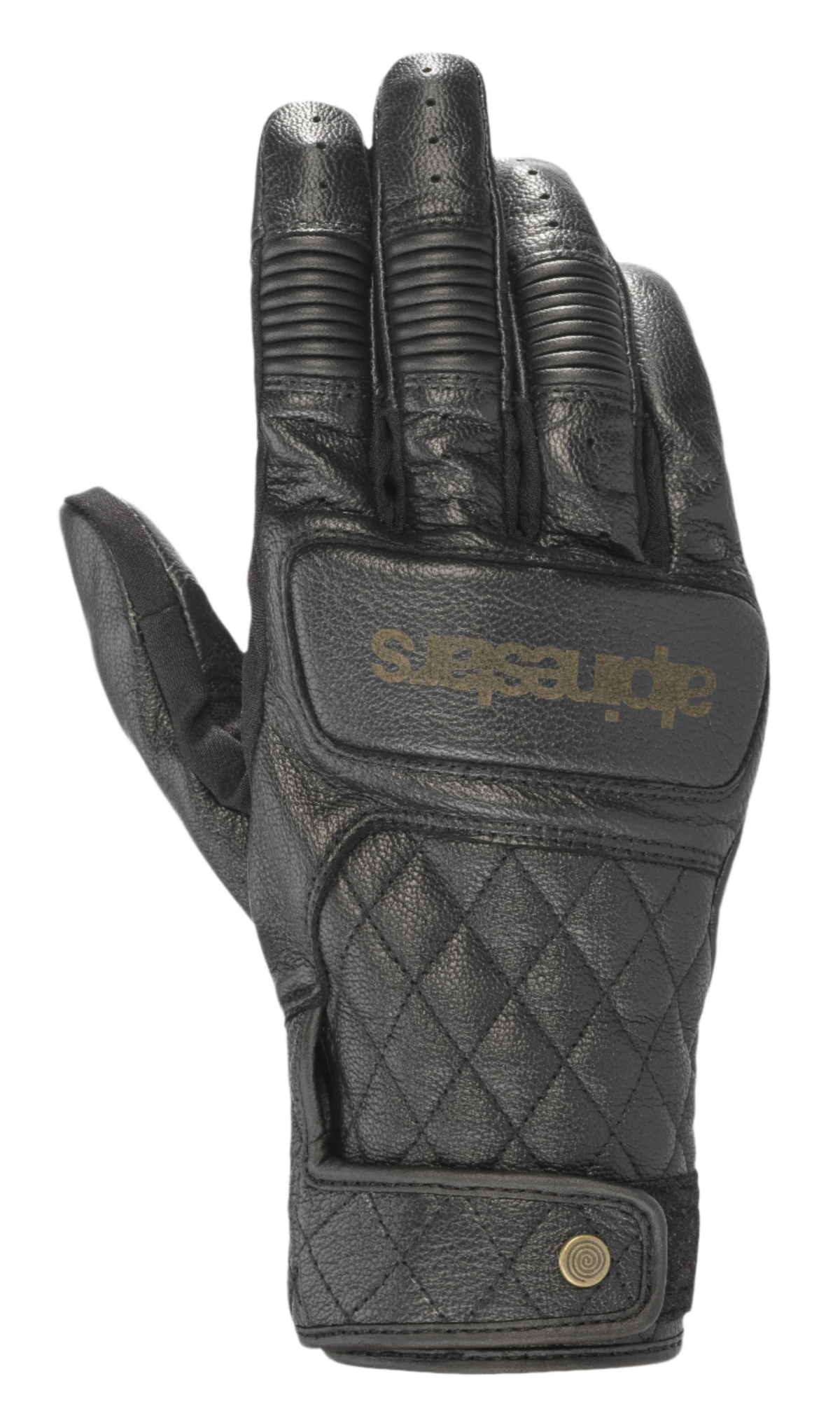 Alpinestars Brass Lt Gloves, czarne skórzane rękawice motocyklowe, pikowany wzór w romby na wierzchu dłoni, żebrowane ochraniacze kostek, perforowane palce, złote logo, zapięcie na zatrzask na nadgarstku
