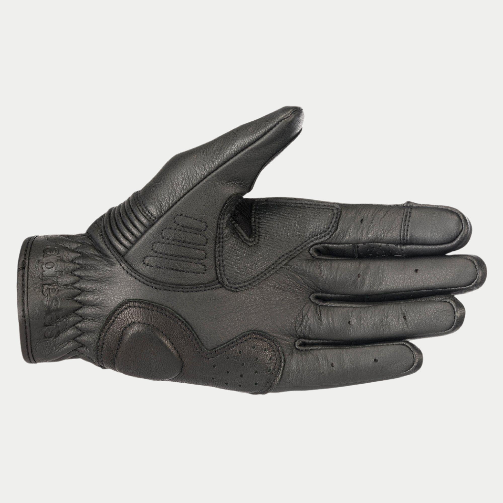 Alpinestars Crazy Eight Gloves, rękawice motocyklowe, czarne, widok od strony dłoni pokazujący wzmocnioną skórzaną konstrukcję, teksturowane panele chwytne na dłoni i kciuku oraz wytłoczone logo na mankiecie