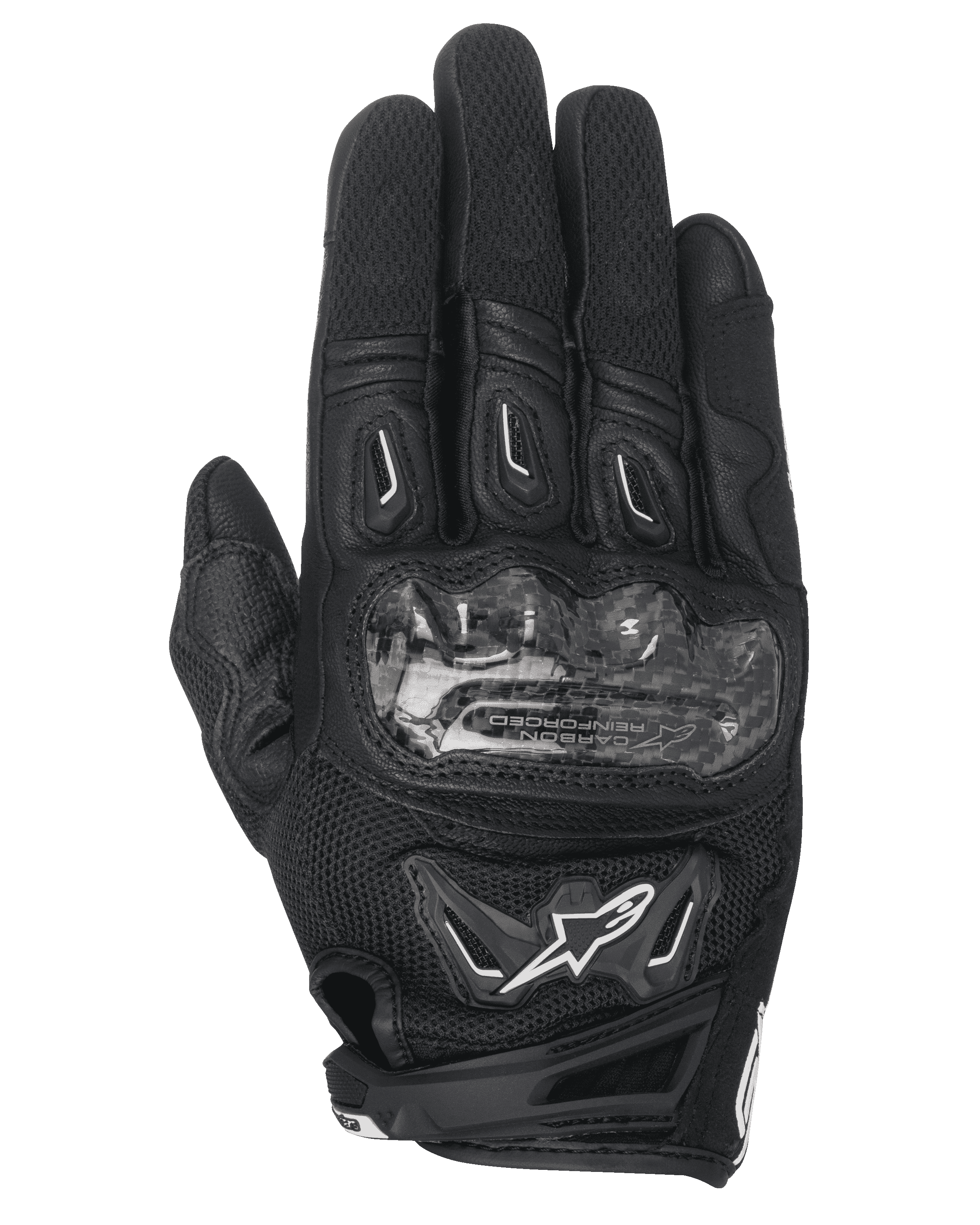 Alpinestars Stella SMX-2 Air Carbon V2, damskie rękawice motocyklowe, czarne, krótkie mankiety, ochrona kostek z włókna węglowego, konstrukcja z siatki 3D, wentylowany design na letnie dni