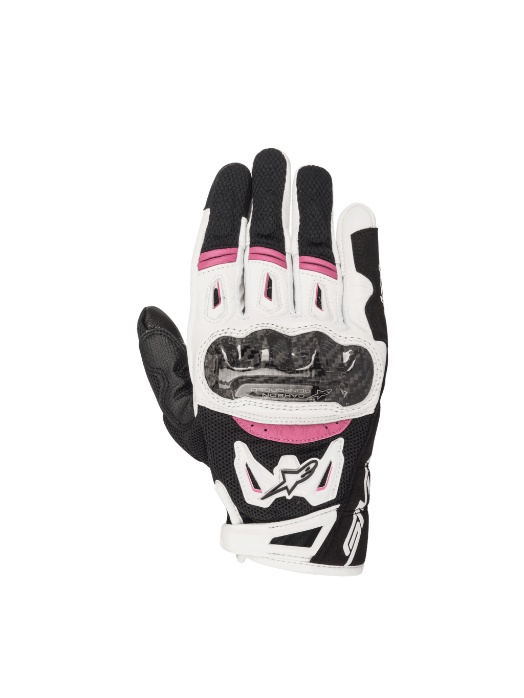 Alpinestars Stella SMX-2 Air Carbon V2 Women's Motorcycle Gloves, black/white/fuchsia, featuring carbon knuckle protection.