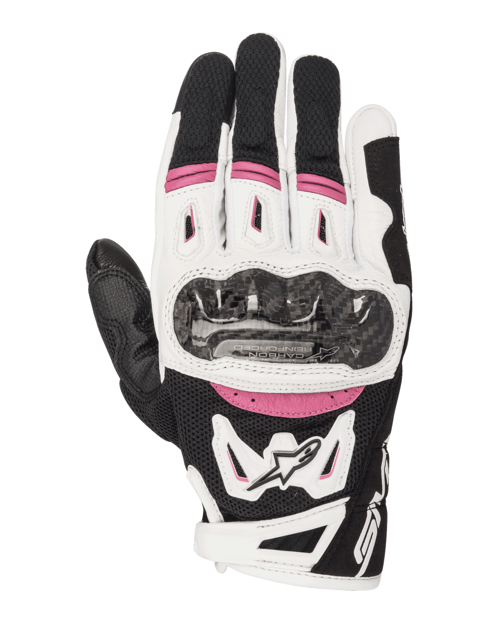 Alpinestars Stella SMX-2 Air Carbon V2 Gloves, Women's Motorcycle Racing Gloves, Black White and Fuchsia, featuring a carbon fiber knuckle guard, 3D mesh ventilation, and Alpinestars logo, sporty short-cuff design