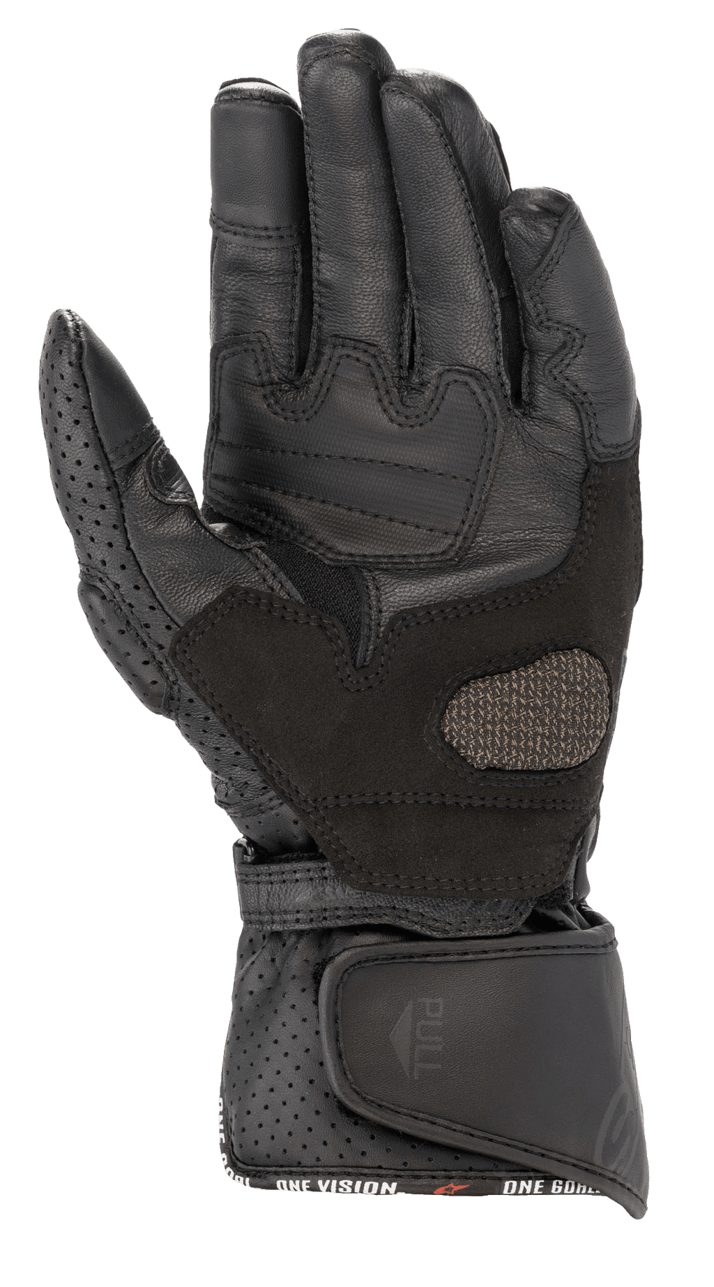 Rękawice damskie Alpinestars Stella SP-8 V3, rękawice motocyklowe, czarne, widok od strony dłoni prezentujący wzmocnione skórzane panele i perforowane detale, szerokie regulowane zapięcie na nadgarstku z uchwytem, wysokiej jakości odzież ochronna dla kobiet