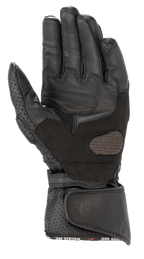 Rękawice damskie Alpinestars Stella SP-8 V3, rękawice motocyklowe, czarne, widok od strony dłoni prezentujący wzmocnione skórzane panele i perforowane detale, szerokie regulowane zapięcie na nadgarstku z uchwytem, wysokiej jakości odzież ochronna dla kobiet