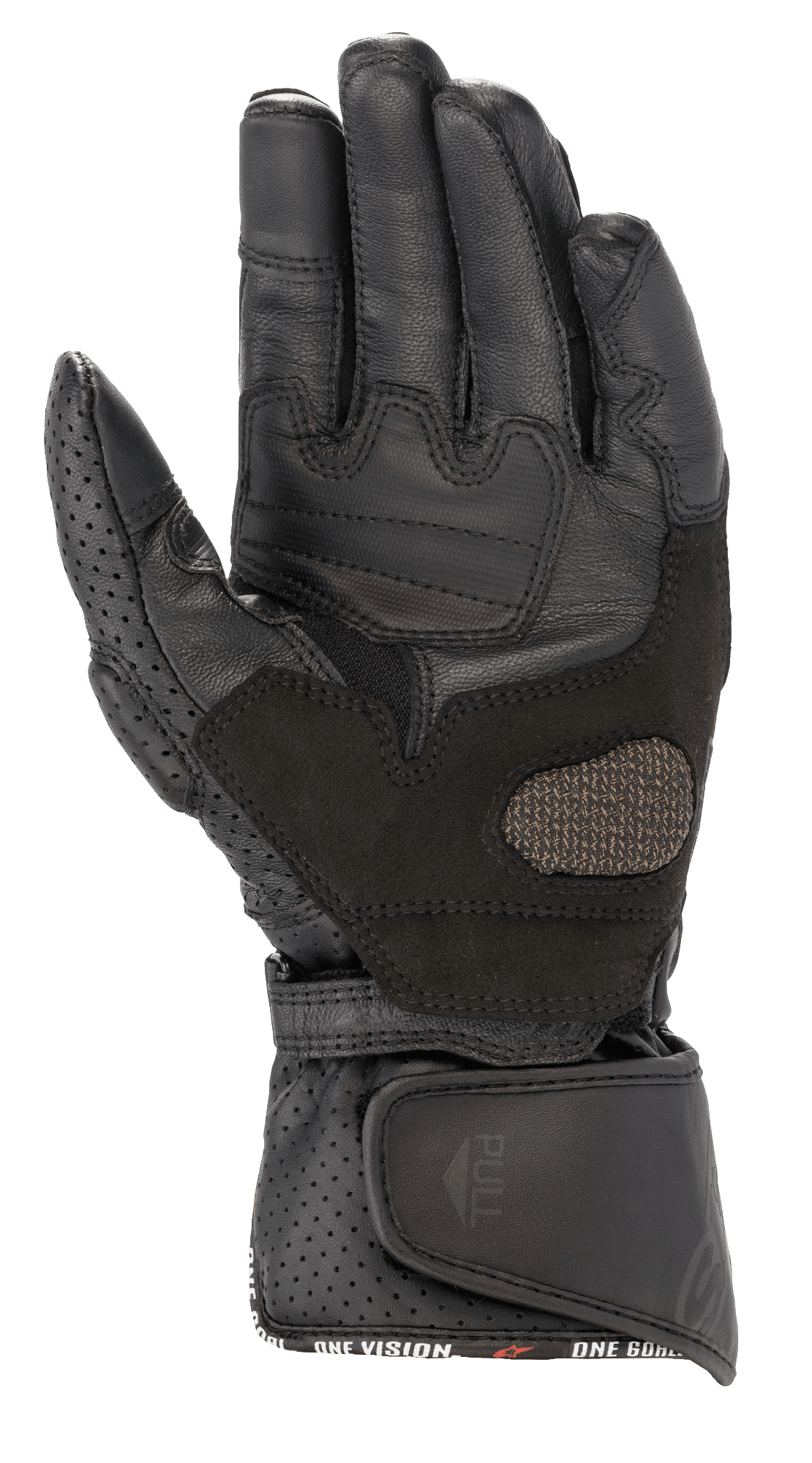 Rękawice damskie Alpinestars Stella SP-8 V3, rękawice motocyklowe, czarne, widok od strony dłoni prezentujący wzmocnione skórzane panele i perforowane detale, szerokie regulowane zapięcie na nadgarstku z uchwytem, wysokiej jakości odzież ochronna dla kobiet