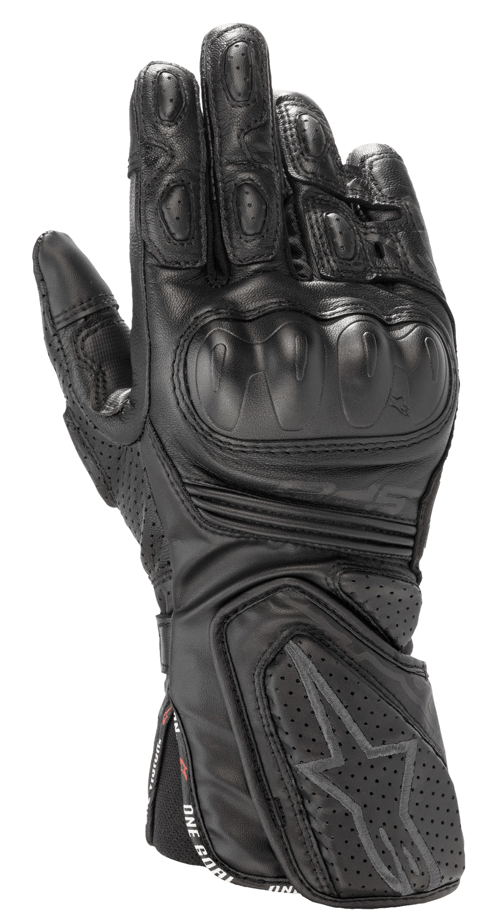 Alpinestars Stella SP-8 V3 Gloves, damskie rękawice motocyklowe wyścigowe, czarne, skórzana konstrukcja premium, twardy ochraniacz kostek, perforowana wentylacja, wyściełane palce i nadgarstek, logo z gwiazdą, pasek z napisem "One Goal One Vision"