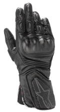 Alpinestars Stella SP-8 V3 Gloves, damskie rękawice motocyklowe wyścigowe, czarne, skórzana konstrukcja premium, twardy ochraniacz kostek, perforowana wentylacja, wyściełane palce i nadgarstek, logo z gwiazdą, pasek z napisem "One Goal One Vision"