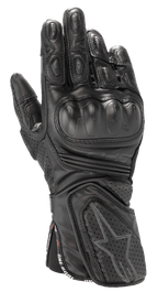 Alpinestars Stella SP-8 V3 Gloves, damskie rękawice motocyklowe wyścigowe, czarne, skórzana konstrukcja premium, twardy ochraniacz kostek, perforowana wentylacja, wyściełane palce i nadgarstek, logo z gwiazdą, pasek z napisem "One Goal One Vision"