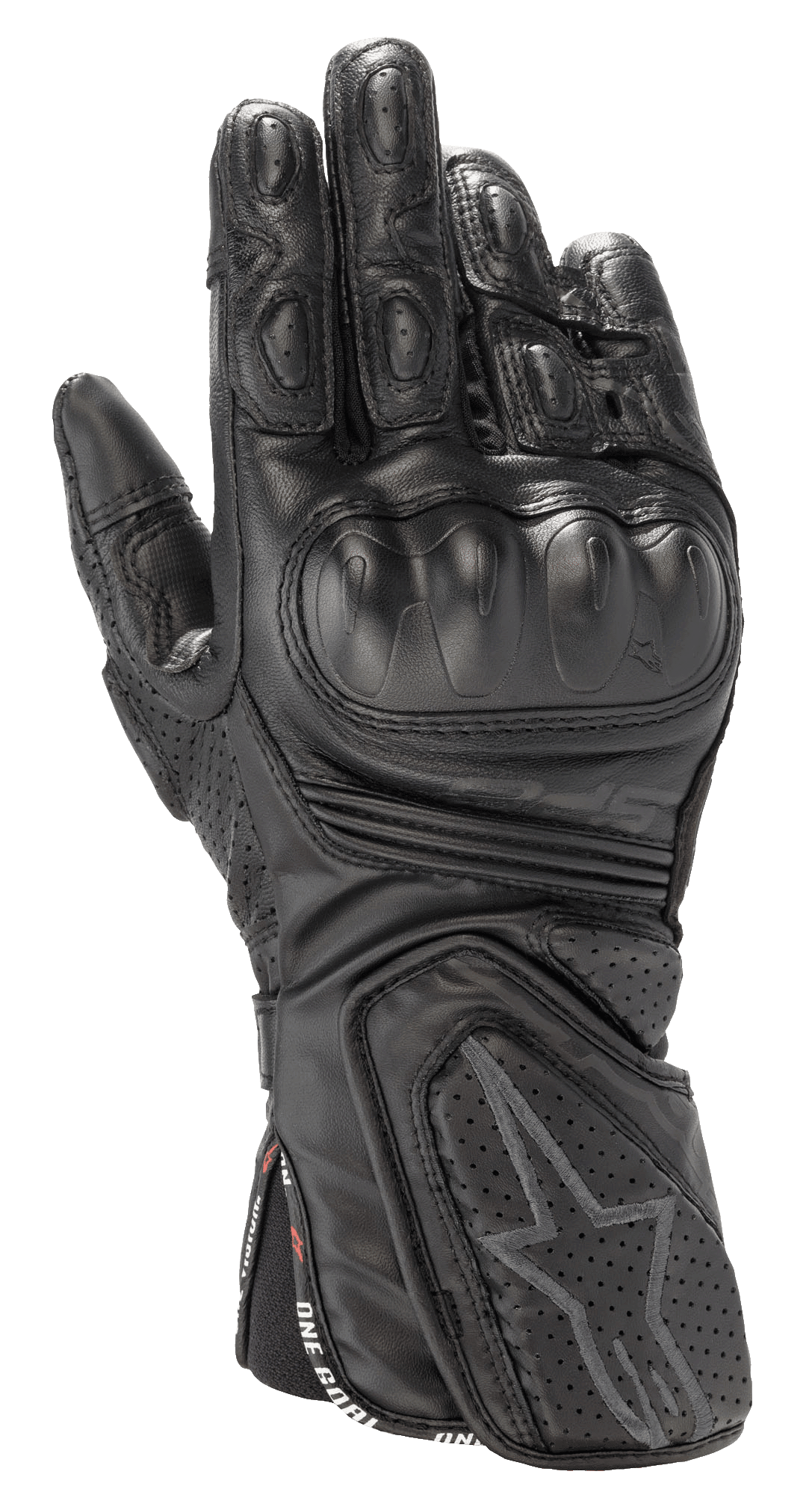 Alpinestars Stella SP-8 V3 Gloves, damskie rękawice motocyklowe wyścigowe, czarne, skórzana konstrukcja premium, twardy ochraniacz kostek, perforowana wentylacja, wyściełane palce i nadgarstek, logo z gwiazdą, pasek z napisem "One Goal One Vision"