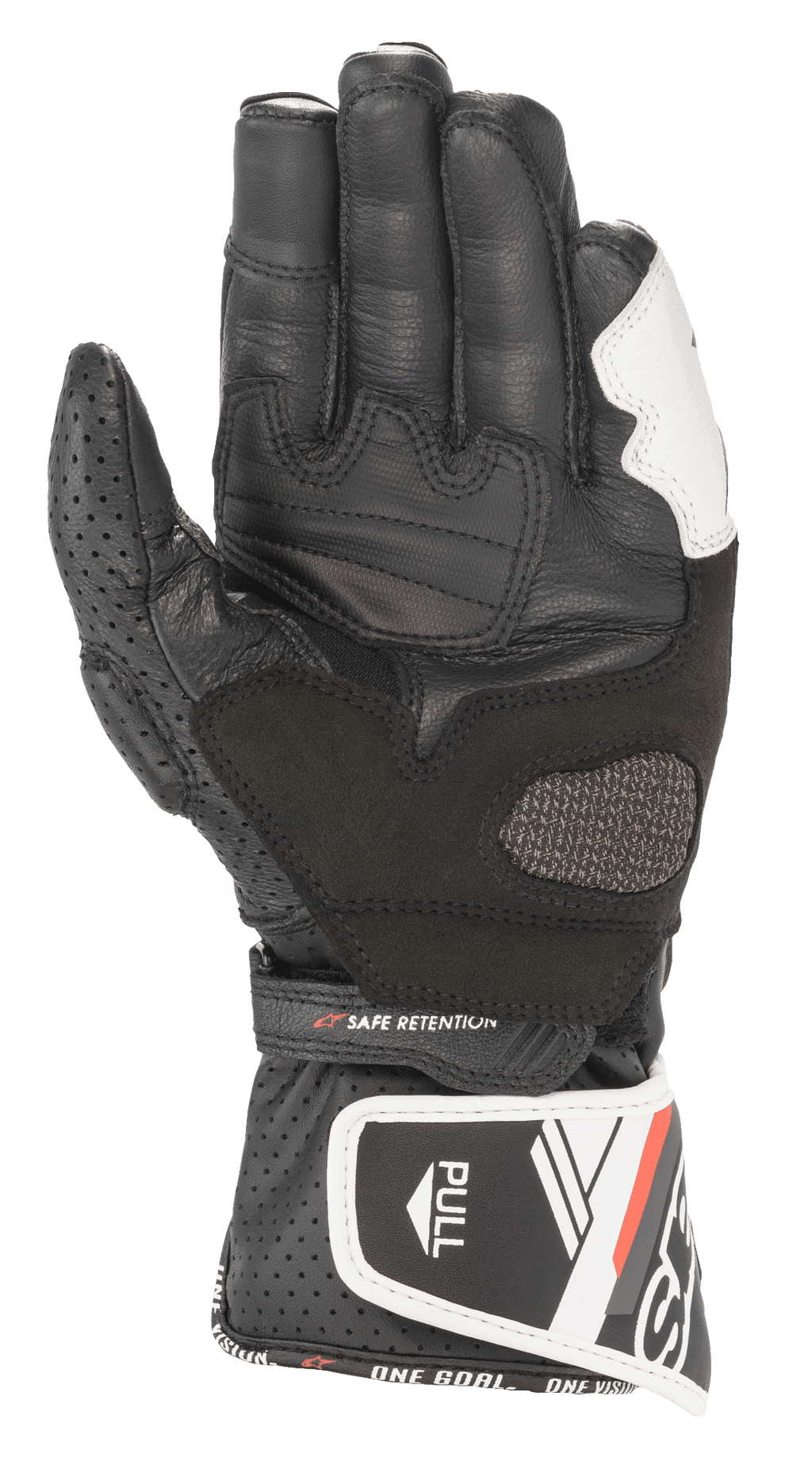 Alpinestars Women Stella SP-8 V3 Gloves, Leather Motorcycle Gloves, Black and White, palm view showing perforated leather thumb, reinforced grip panels, adjustable wrist strap with 'SAFE RETENTION' text, and long cuff with 'PULL' tab and brand lettering