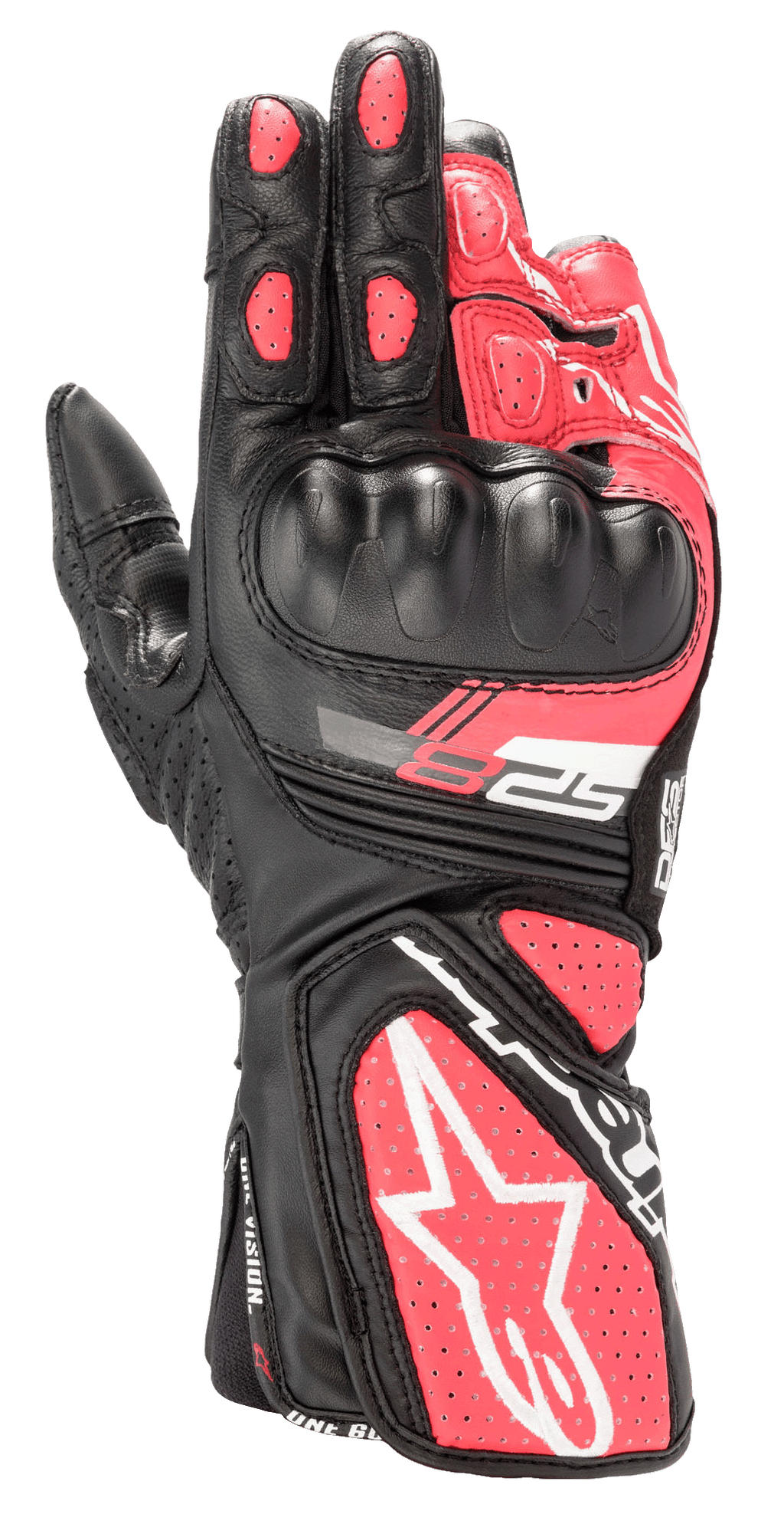 Alpinestars Women Stella SP-8 V3 Gloves, motorcycle sport gloves, Black White and Diva Pink, featuring molded hard knuckle protection, perforated pink leather panels, long cuff with large white star logo and SP-8 branding