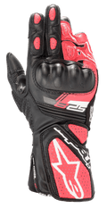 Alpinestars Women Stella SP-8 V3 Gloves, motorcycle sport gloves, Black White and Diva Pink, featuring molded hard knuckle protection, perforated pink leather panels, long cuff with large white star logo and SP-8 branding