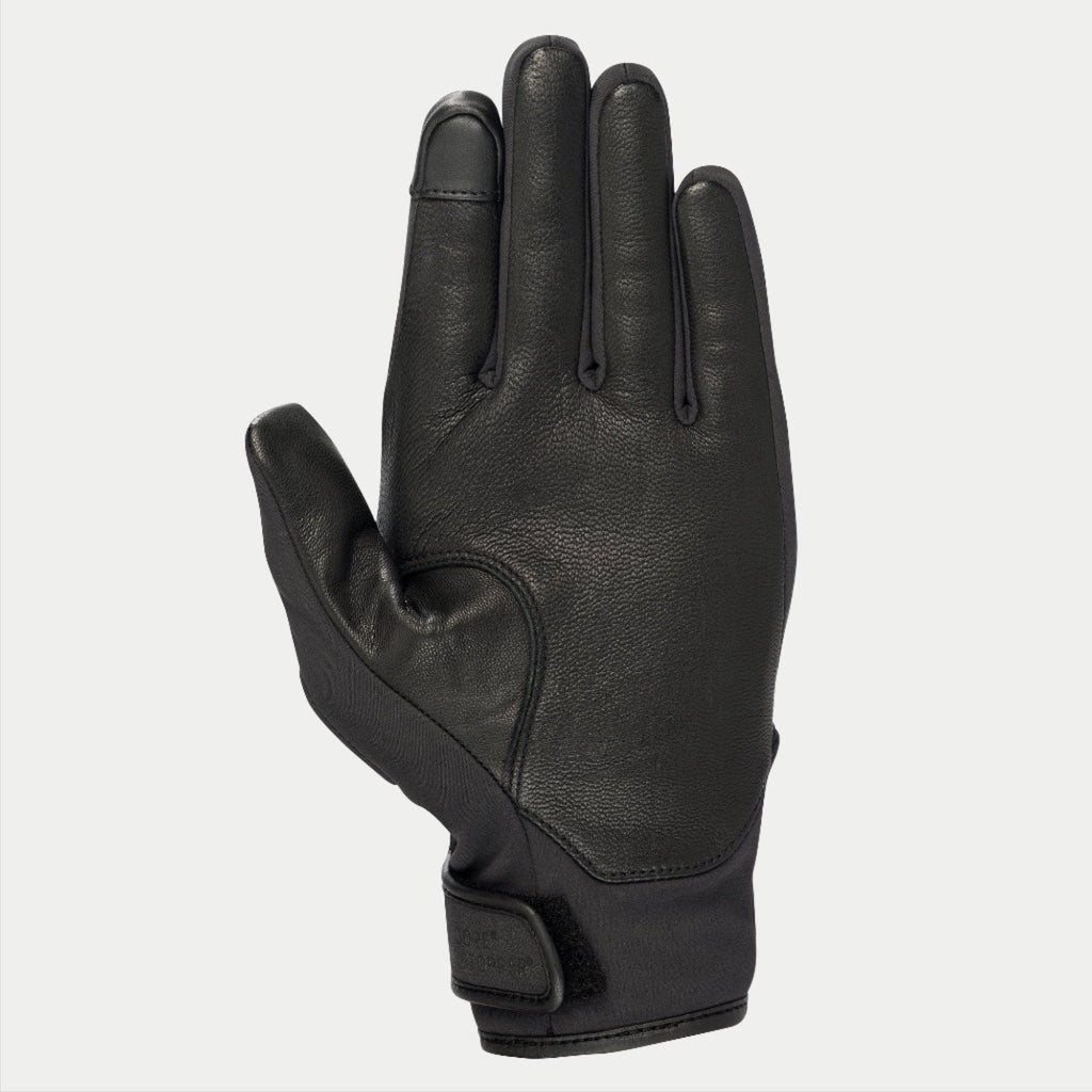Alpinestars Stella C1 Windstopper V2, damskie rękawice motocyklowe, czarne, widok od strony dłoni ze wzmocnieniami ze skóry licowej, końcówka palca wskazującego kompatybilna z ekranem dotykowym, zapięcie mankietu na rzep, elegancki miejski design