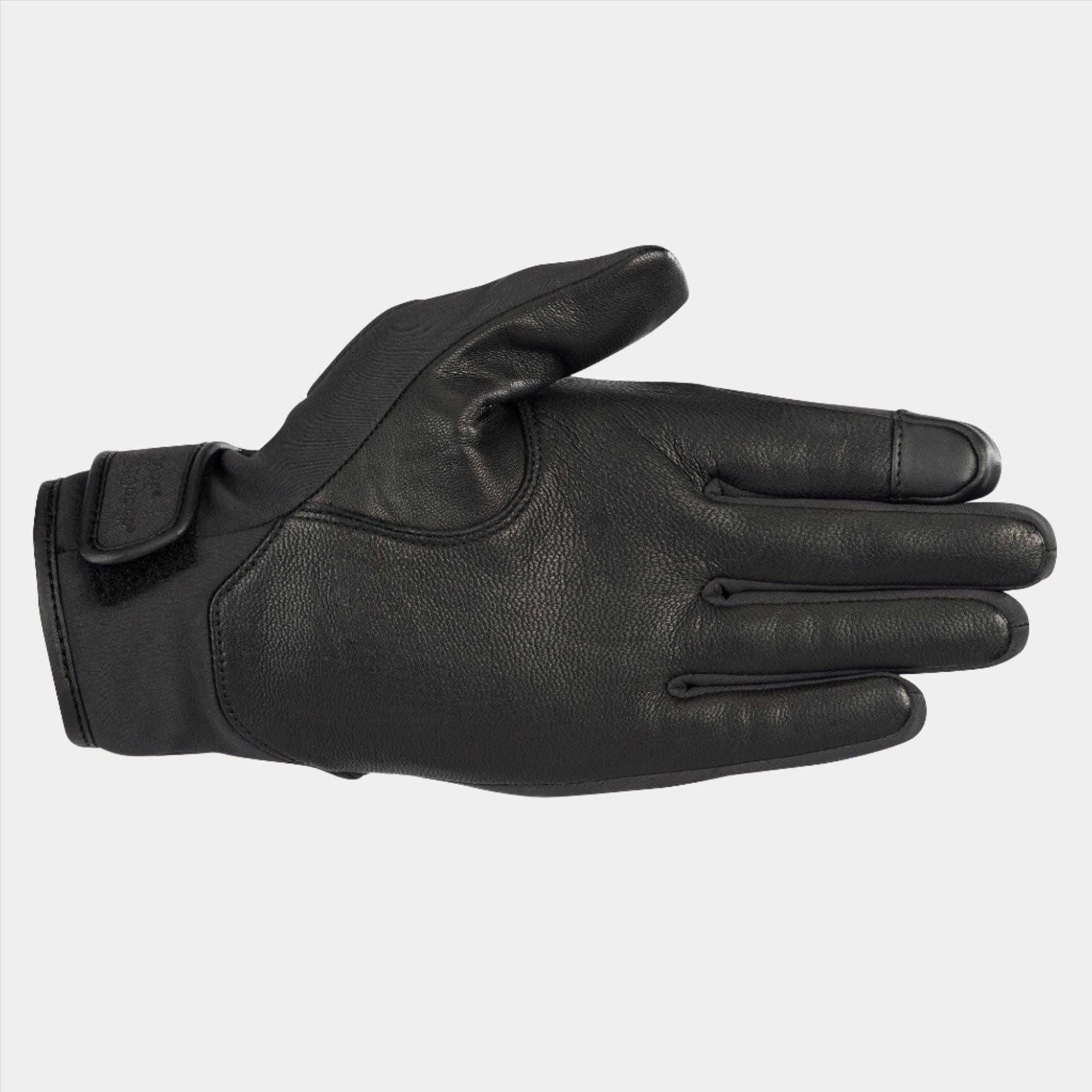 Alpinestars Stella C1 Windstopper V2, damskie rękawice motocyklowe, czarne, widok od strony dłoni ze wzmocnieniami ze skóry licowej, końcówka palca wskazującego kompatybilna z ekranem dotykowym, zapięcie mankietu na rzep, elegancki miejski design