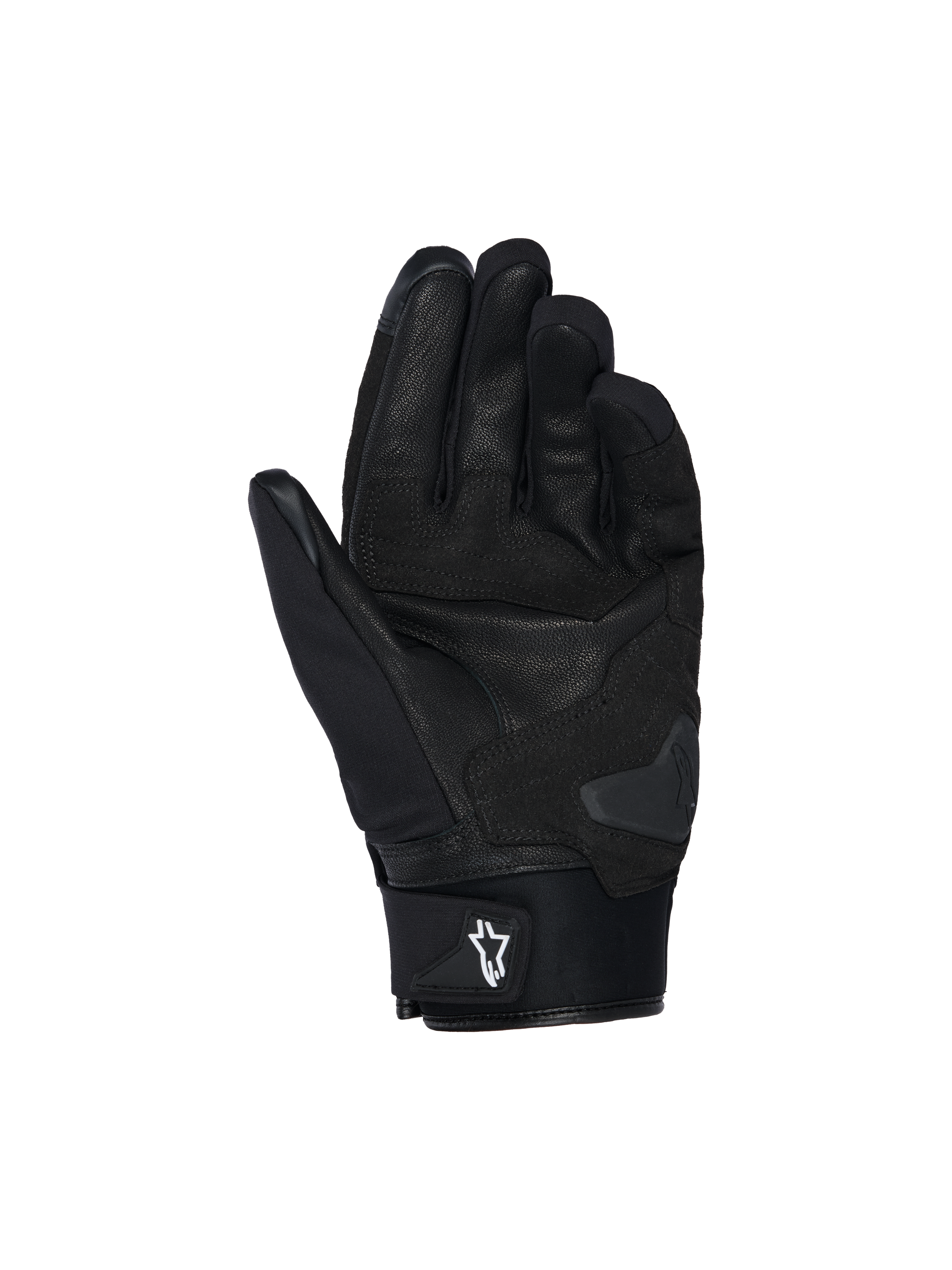 Alpinestars SP X Z Waterproof Gloves, rękawice motocyklowe, czarne, widok od strony dłoni ukazujący skórzaną konstrukcję, wzmocnienia oraz ślizgacz dłoni zwiększający odporność na ścieranie