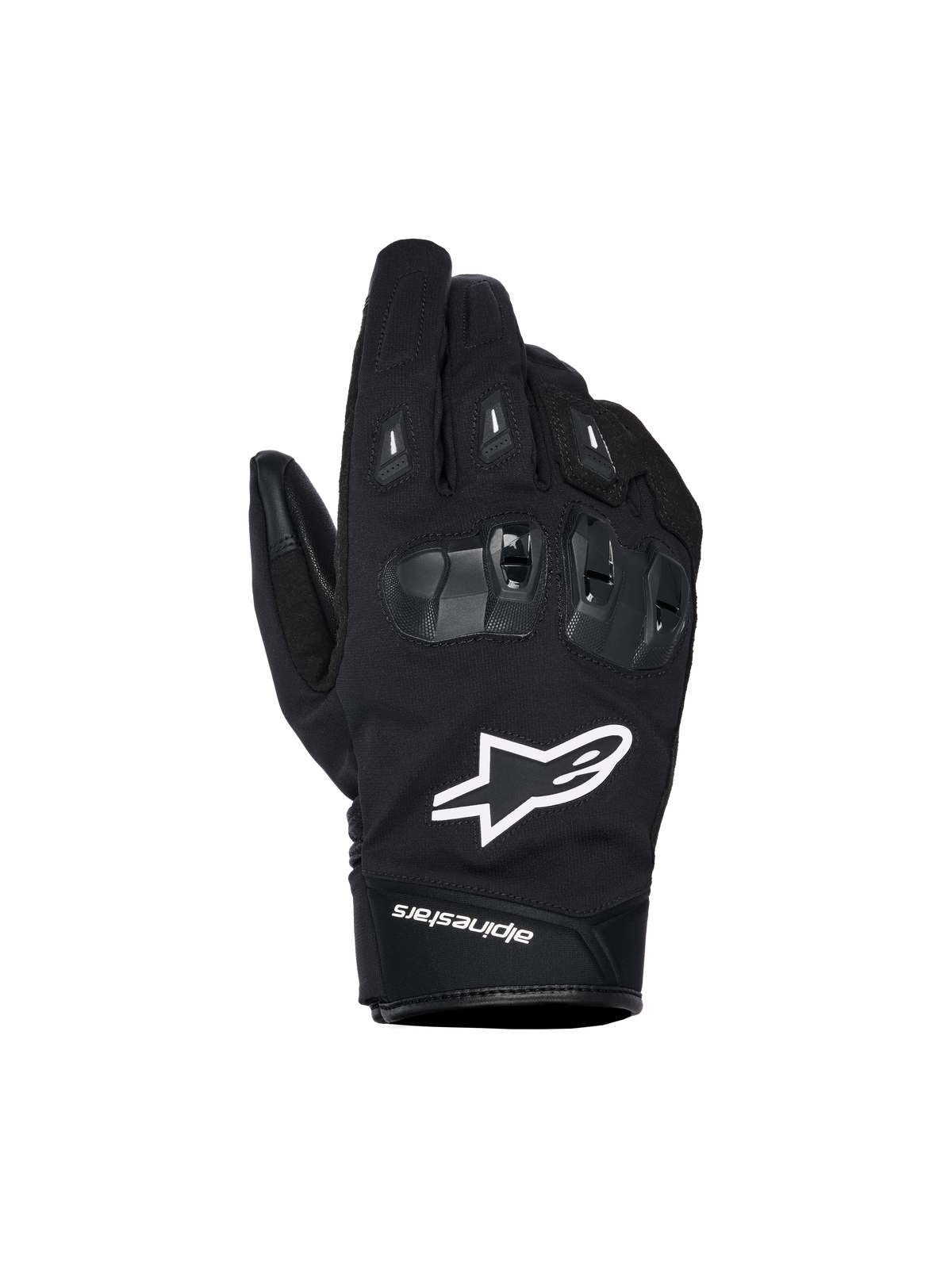 Alpinestars SP X Z Waterproof Gloves, czarne rękawice motocyklowe z białym logo gwiazdy, teksturowana ochrona kłykci SP X TPU z błyszczącymi czarnymi segmentami, smukły miejski design ze wzmocnionymi szwami, wodoodporna konstrukcja na każdą pogodę