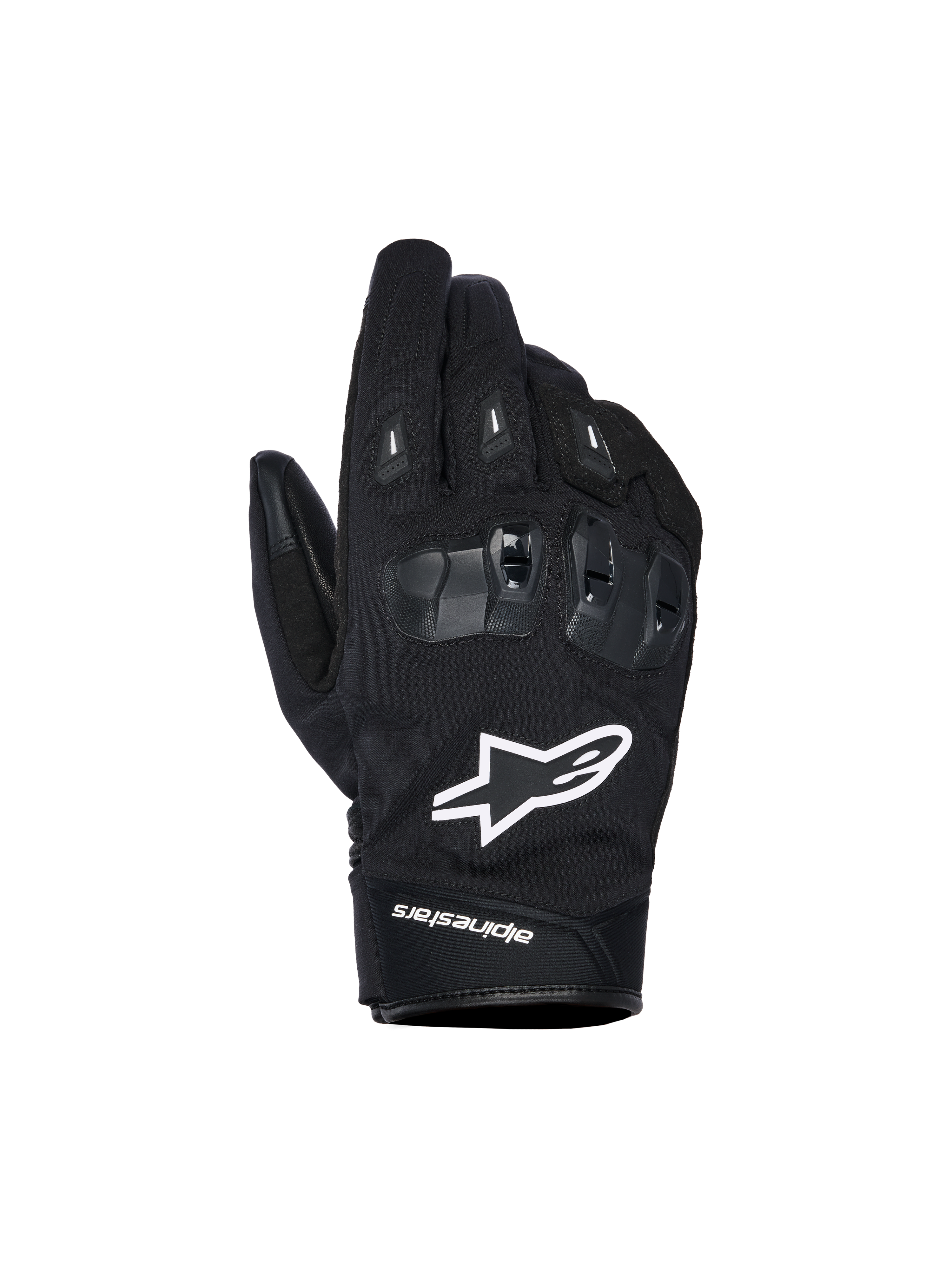 Alpinestars SP X Z Waterproof Gloves, czarne rękawice motocyklowe z białym logo gwiazdy, teksturowana ochrona kłykci SP X TPU z błyszczącymi czarnymi segmentami, smukły miejski design ze wzmocnionymi szwami, wodoodporna konstrukcja na każdą pogodę