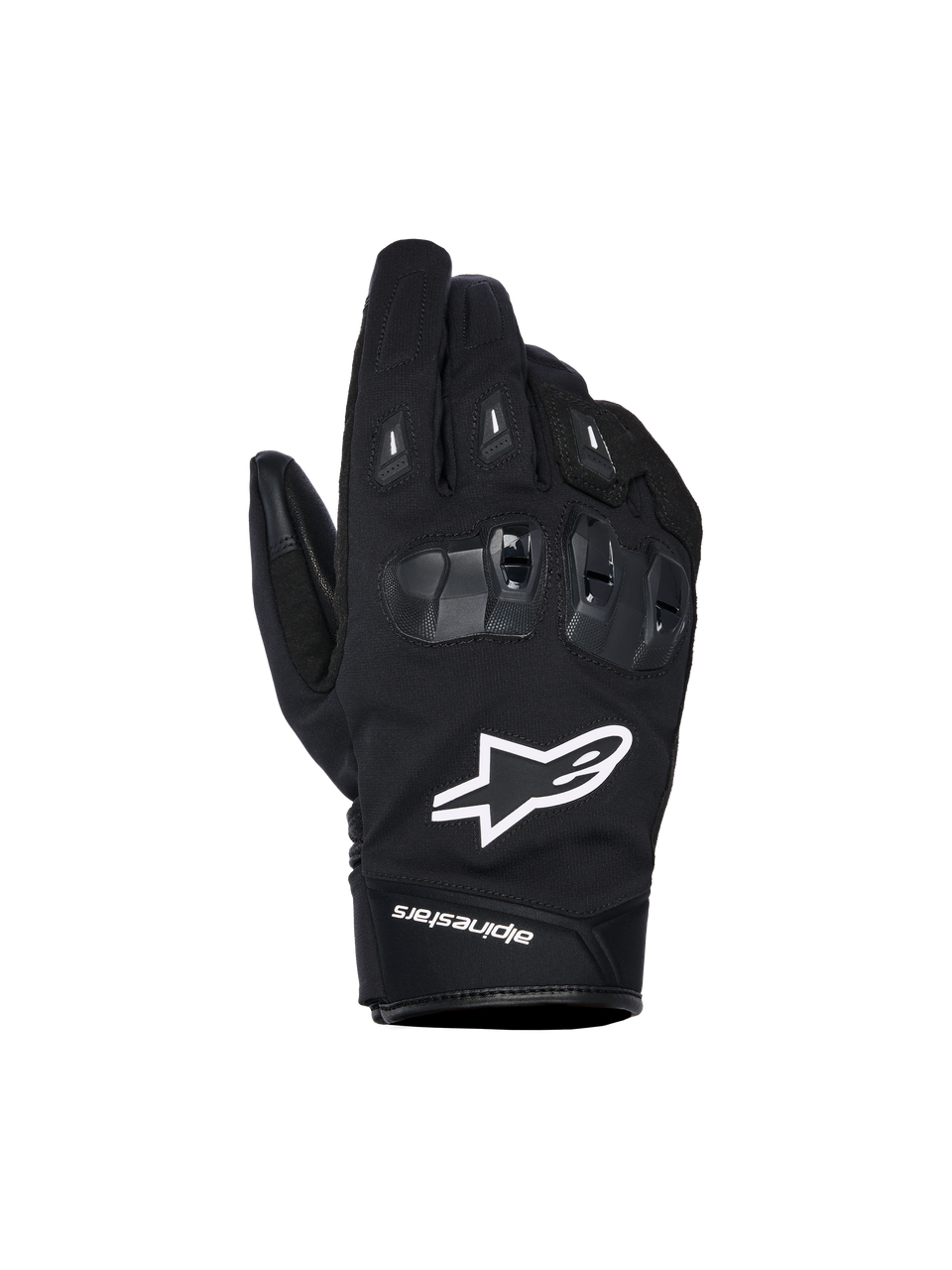 Alpinestars SP X Z Waterproof Gloves, czarne rękawice motocyklowe z białym logo gwiazdy, teksturowana ochrona kłykci SP X TPU z błyszczącymi czarnymi segmentami, smukły miejski design ze wzmocnionymi szwami, wodoodporna konstrukcja na każdą pogodę