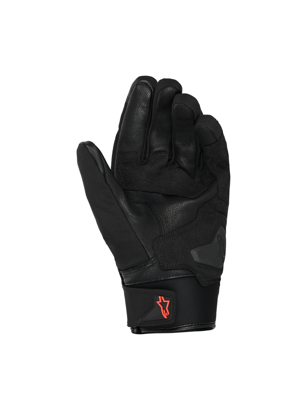 Alpinestars SP X Z Waterproof Gloves, rękawice motocyklowe, czarne z logo Red Fluo, widok od strony dłoni ukazujący skórzaną konstrukcję i wzmocnione strefy chwytu, neoprenowy mankiet z uchwytem, wysokiej jakości odzież do jazdy szosowej