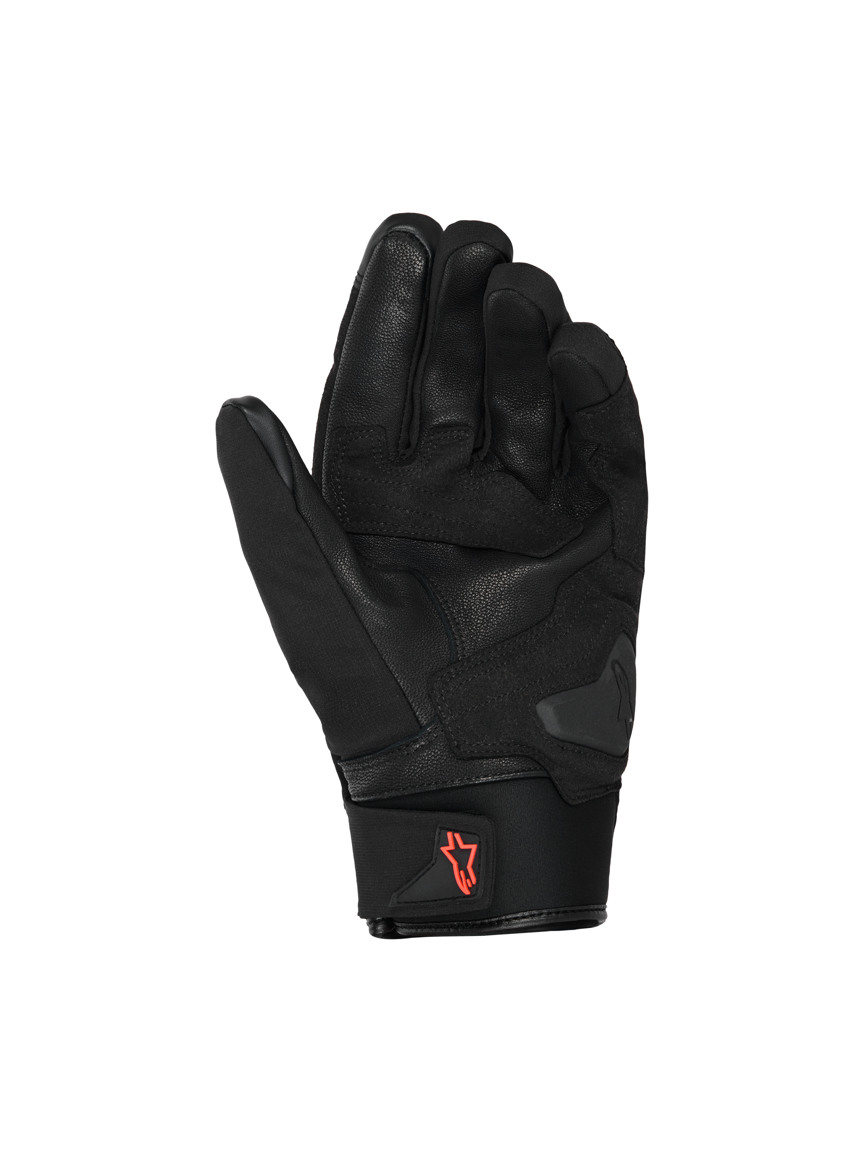 Alpinestars SP X Z Waterproof Gloves, rękawice motocyklowe, czarne z logo Red Fluo, widok od strony dłoni ukazujący skórzaną konstrukcję i wzmocnione strefy chwytu, neoprenowy mankiet z uchwytem, wysokiej jakości odzież do jazdy szosowej