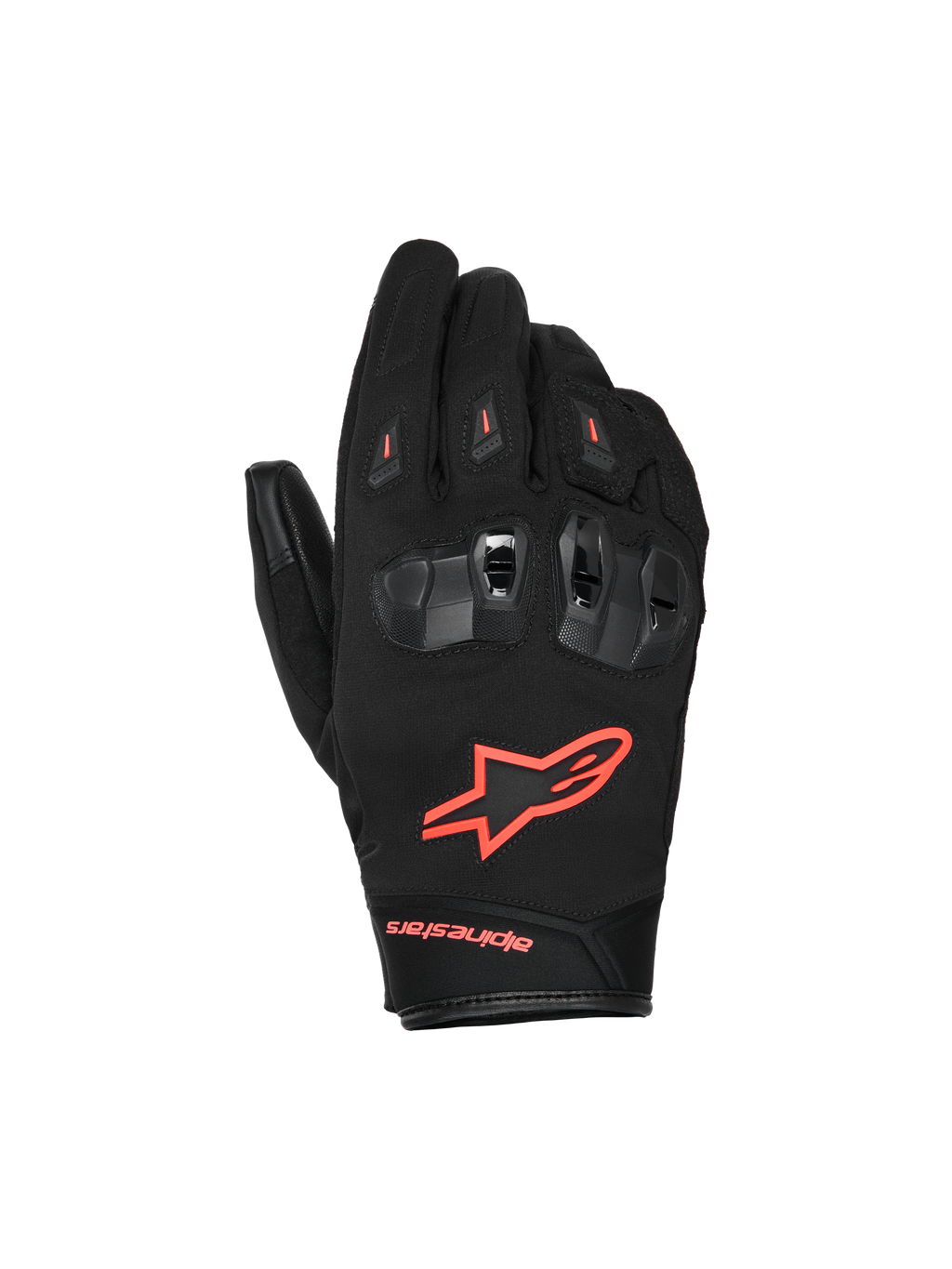 Alpinestars SP X Z Waterproof Gloves, wodoodporne rękawice motocyklowe, czarne z neonowo-czerwonymi akcentami, dzielone ochraniacze kostek TPU z wentylacją, jaskrawoczerwone logo fluo na wierzchu dłoni, trwała konstrukcja tekstylno-skórzana na każdą pogodę