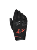 Alpinestars SP X Z Waterproof Gloves, wodoodporne rękawice motocyklowe, czarne z neonowo-czerwonymi akcentami, dzielone ochraniacze kostek TPU z wentylacją, jaskrawoczerwone logo fluo na wierzchu dłoni, trwała konstrukcja tekstylno-skórzana na każdą pogodę