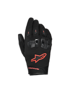 Alpinestars SP X Z Waterproof Gloves, wodoodporne rękawice motocyklowe, czarne z neonowo-czerwonymi akcentami, dzielone ochraniacze kostek TPU z wentylacją, jaskrawoczerwone logo fluo na wierzchu dłoni, trwała konstrukcja tekstylno-skórzana na każdą pogodę