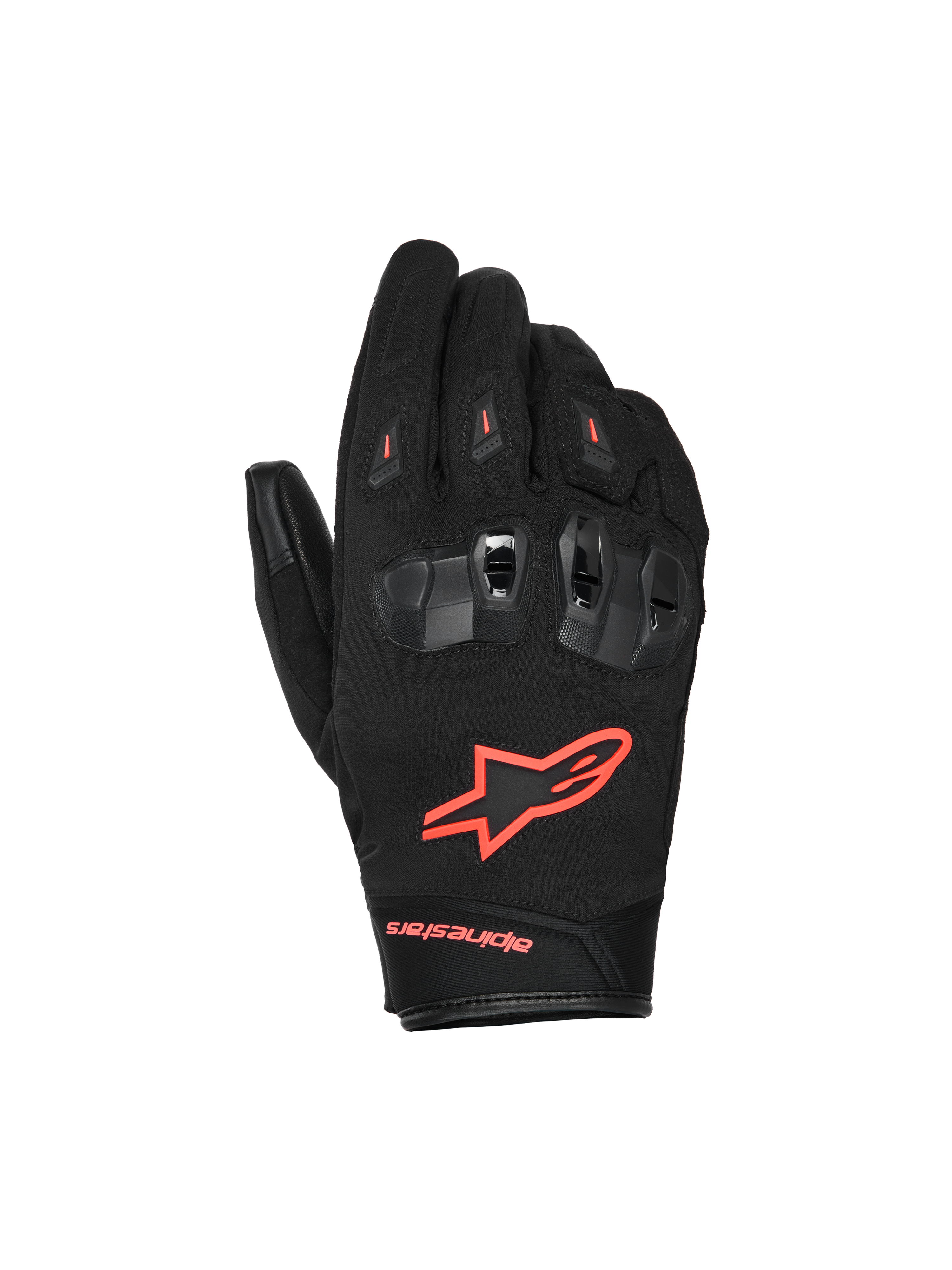 Alpinestars SP X Z Waterproof Gloves, wodoodporne rękawice motocyklowe, czarne z neonowo-czerwonymi akcentami, dzielone ochraniacze kostek TPU z wentylacją, jaskrawoczerwone logo fluo na wierzchu dłoni, trwała konstrukcja tekstylno-skórzana na każdą pogodę