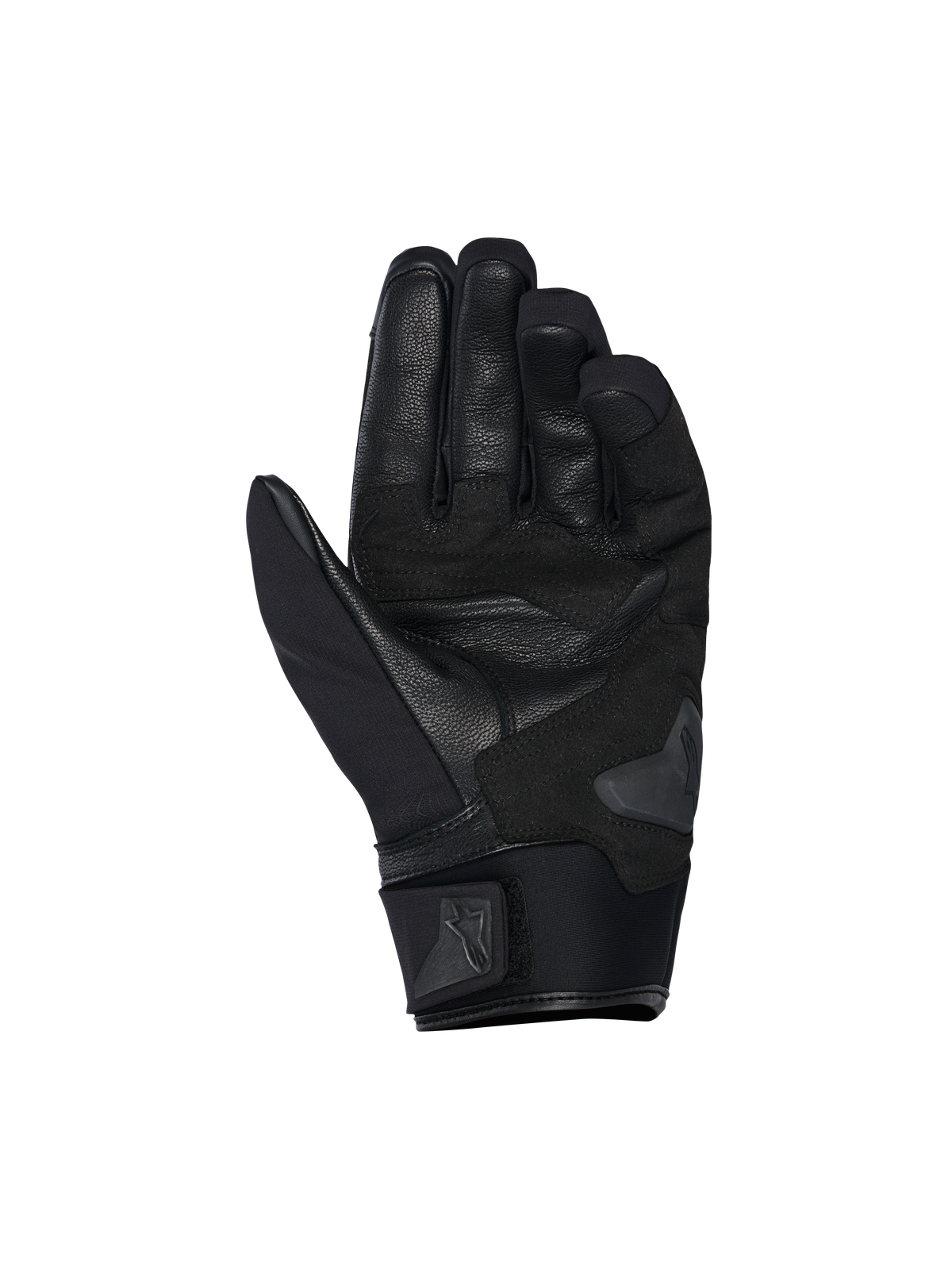 Rękawice Alpinestars SP X Z Waterproof, widok od strony dłoni, czarne, wytrzymała skórzana dłoń ze wzmocnionymi sekcjami, ślizgacz dłoni, miękki neoprenowy mankiet z regulowanym paskiem z logo Alpinestars