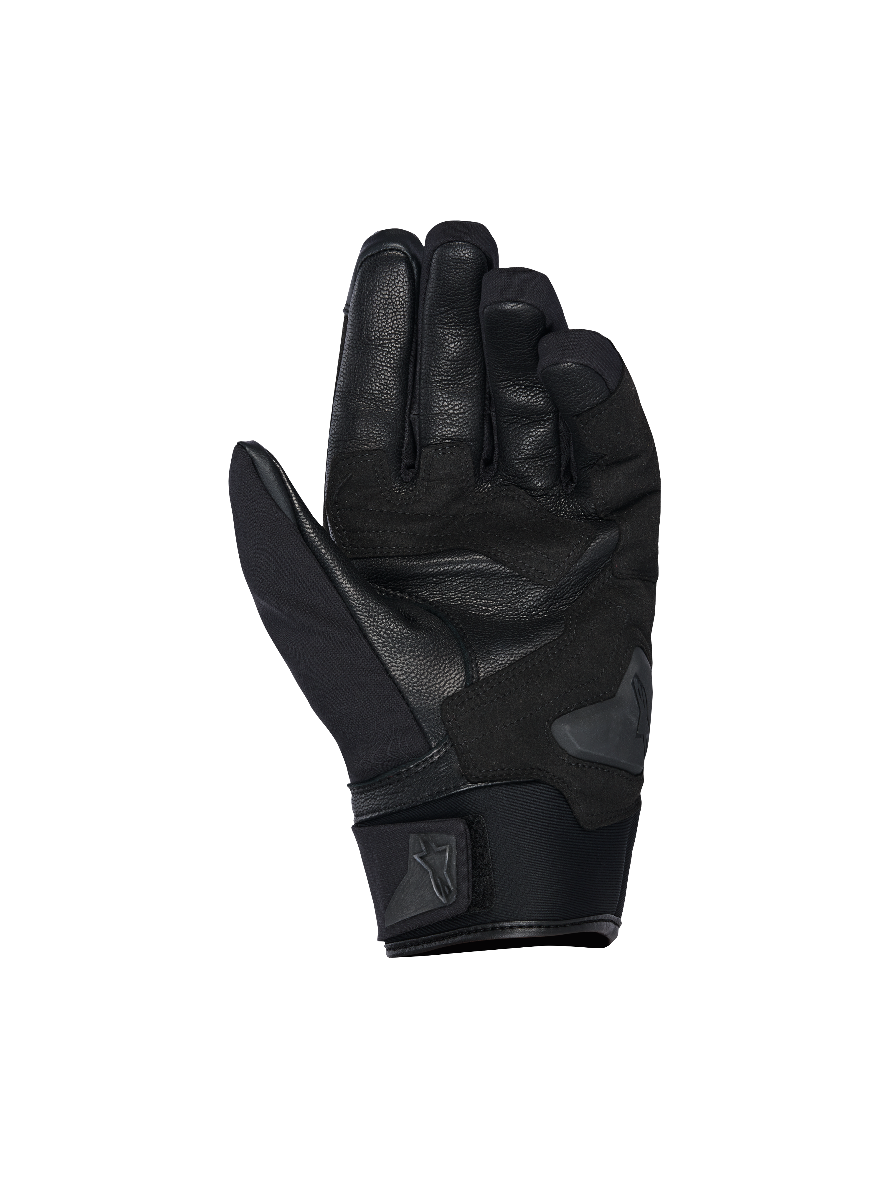 Rękawice Alpinestars SP X Z Waterproof, widok od strony dłoni, czarne, wytrzymała skórzana dłoń ze wzmocnionymi sekcjami, ślizgacz dłoni, miękki neoprenowy mankiet z regulowanym paskiem z logo Alpinestars