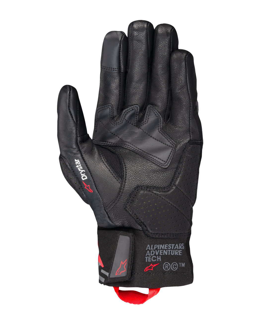 Alpinestars Belize V3 Drystar® Gloves, czarne motocyklowe rękawice turystyczne, widok dłoni przedstawiający skórzaną konstrukcję z perforowanymi wzmocnieniami, branding Drystar na kciuku, logo Adventure Tech na mankiecie i czerwoną pętlę.