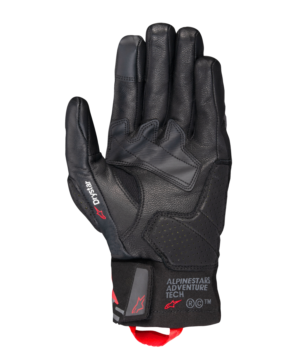 Alpinestars Belize V3 Drystar® Gloves, czarne motocyklowe rękawice turystyczne, widok dłoni przedstawiający skórzaną konstrukcję z perforowanymi wzmocnieniami, branding Drystar na kciuku, logo Adventure Tech na mankiecie i czerwoną pętlę.