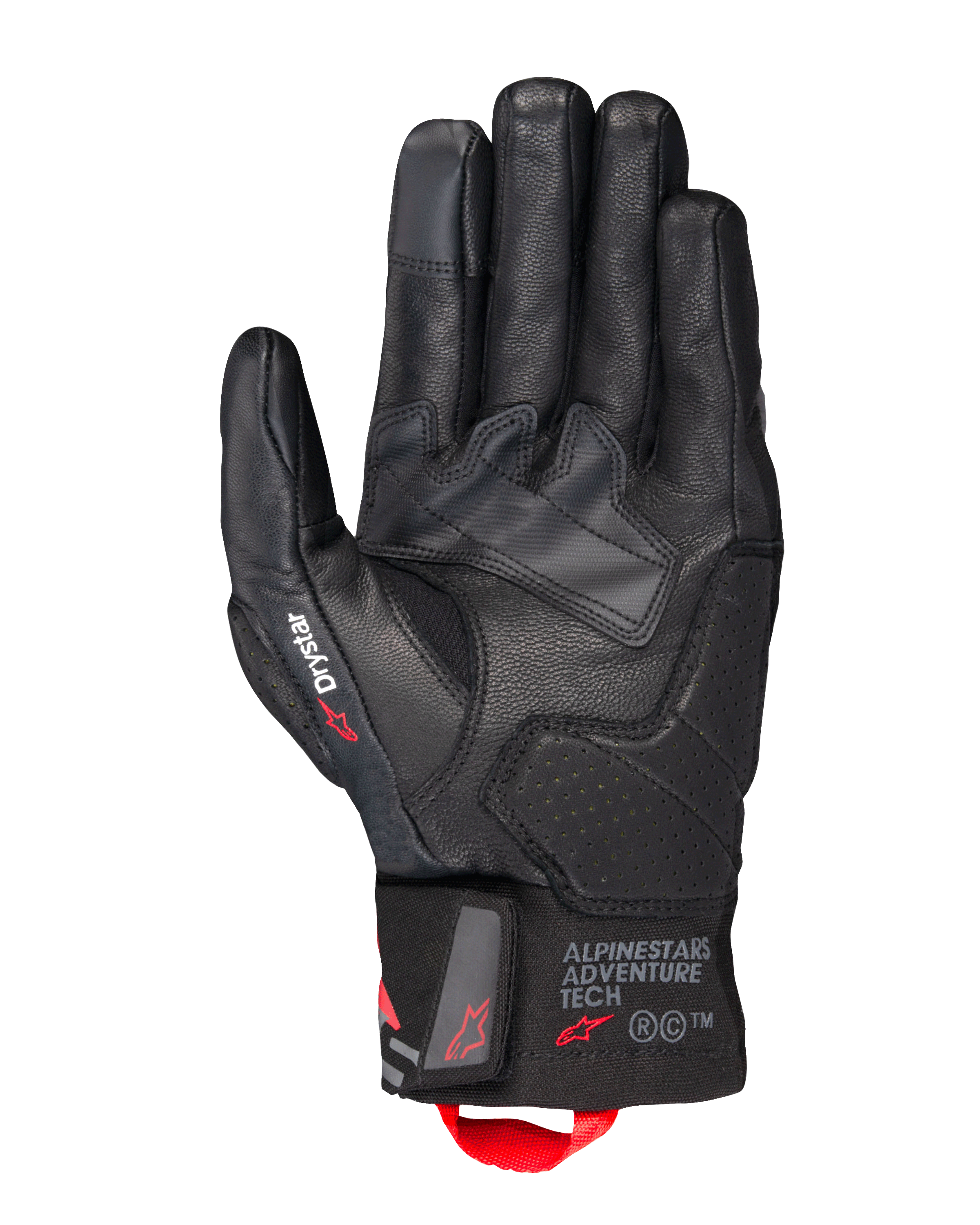 Alpinestars Belize V3 Drystar® Gloves, czarne motocyklowe rękawice turystyczne, widok dłoni przedstawiający skórzaną konstrukcję z perforowanymi wzmocnieniami, branding Drystar na kciuku, logo Adventure Tech na mankiecie i czerwoną pętlę.