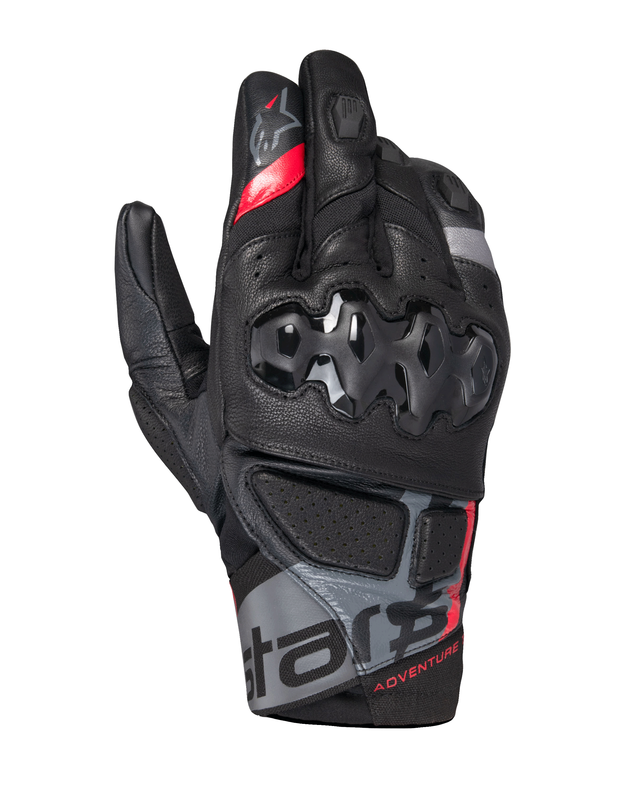 Alpinestars Belize V3 Drystar Gloves, krótkie motocyklowe rękawice adventure, czarne z czerwonymi i szarymi akcentami, twardy ochraniacz kostek z sześciokątnym wzorem, perforowane panele skórzane, napis „ADVENTURE” na nadgarstku