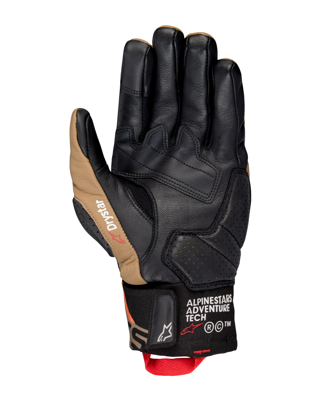 Alpinestars Belize V3 Drystar® Gloves, widok dłoni krótkiej rękawicy motocyklowej w kolorze czarnym i Gobi Brown, skórzana konstrukcja ze wzmocnioną dłonią, perforowane detale i czerwona pętelka.