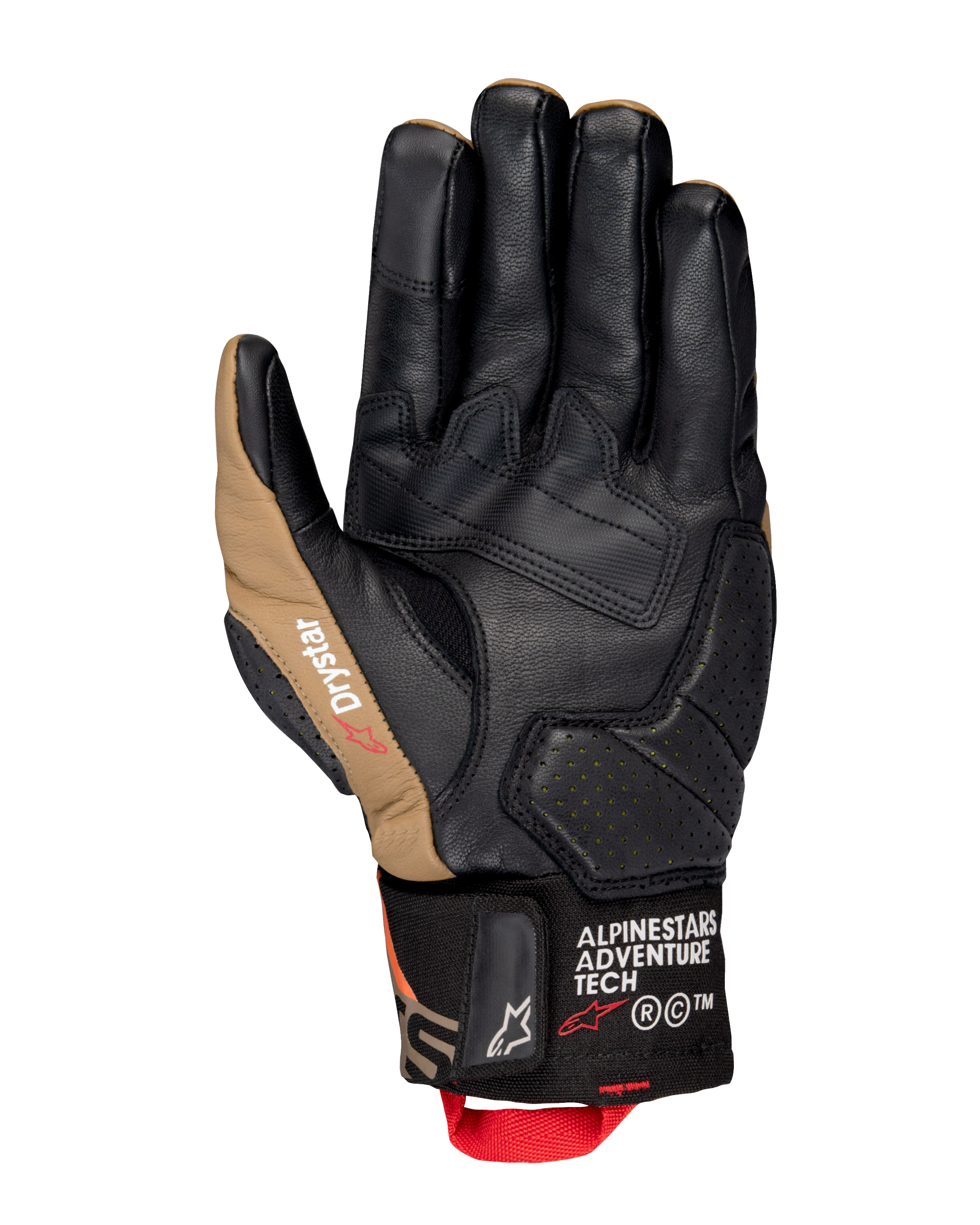 Alpinestars Belize V3 Drystar® Gloves, widok dłoni krótkiej rękawicy motocyklowej w kolorze czarnym i Gobi Brown, skórzana konstrukcja ze wzmocnioną dłonią, perforowane detale i czerwona pętelka.