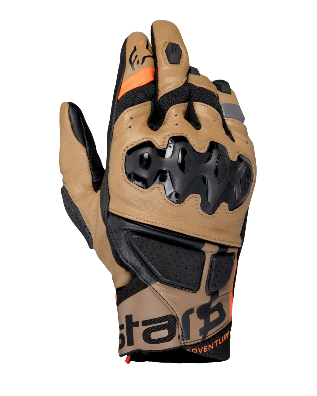 Rękawice Alpinestars Belize V3 Drystar, motocyklowe rękawice adventure, brązowe Gobi Brown i czarne, z wtryskiwanym ochraniaczem kostek SP, krótki mankiet, perforowane panele skórzane, pomarańczowe akcenty i logo Alpinestars na mankiecie