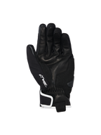 Alpinestars Moblast Waterproof Gloves, czarne z białawym wykończeniem, widok od strony dłoni pokazujący konstrukcję ze skóry koziej, białe logo Drystar na kciuku i wzmocnienie ślizgacza dłoni, miejska odzież motocyklowa z krótkim mankietem