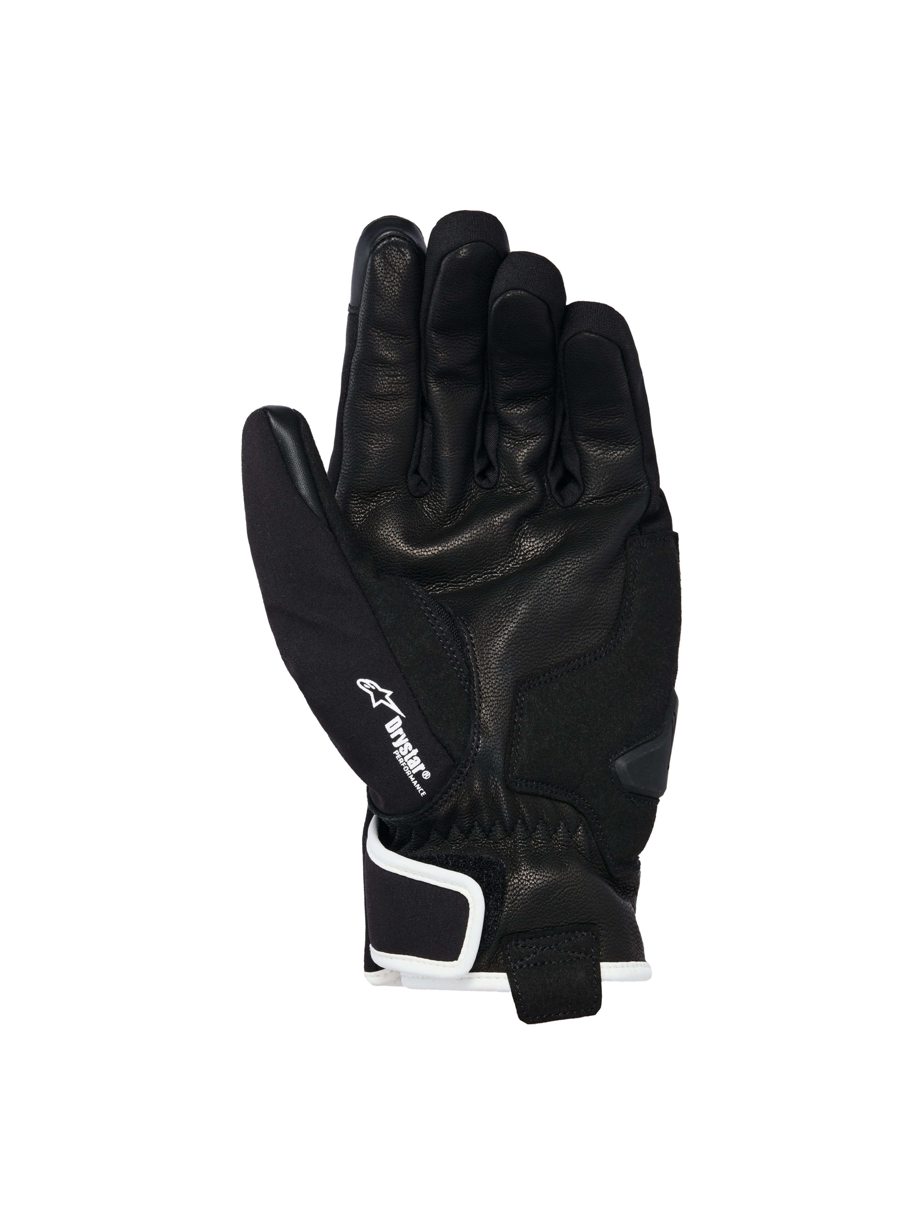Alpinestars Moblast Waterproof Gloves, czarne z białawym wykończeniem, widok od strony dłoni pokazujący konstrukcję ze skóry koziej, białe logo Drystar na kciuku i wzmocnienie ślizgacza dłoni, miejska odzież motocyklowa z krótkim mankietem