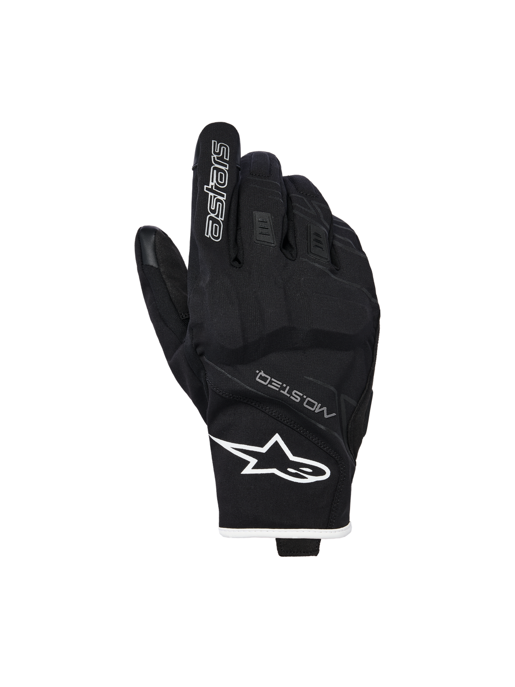 Alpinestars Moblast Waterproof Gloves, wodoodporne rękawice motocyklowe, czarno-białe, widok wierzchu dłoni z białym logo gwiazdy na nadgarstku i brandingiem „astars” na palcu wskazującym, tekst MO.ST.EQ., teksturowany elastyczny materiał, wzmocnione kostki, krótki mankiet
