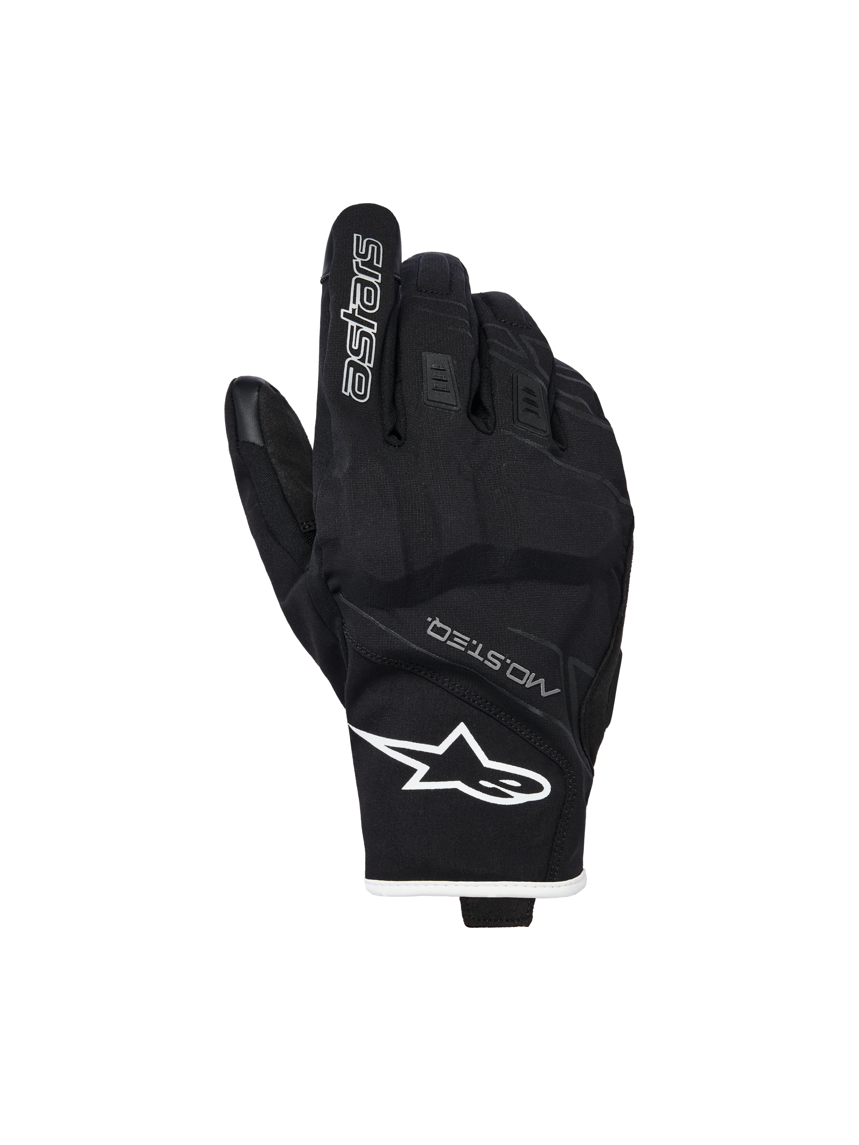 Alpinestars Moblast Waterproof Gloves, wodoodporne rękawice motocyklowe, czarno-białe, widok wierzchu dłoni z białym logo gwiazdy na nadgarstku i brandingiem „astars” na palcu wskazującym, tekst MO.ST.EQ., teksturowany elastyczny materiał, wzmocnione kostki, krótki mankiet