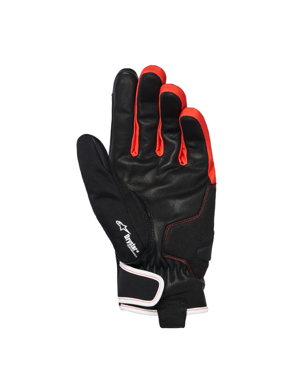 Rękawice Alpinestars Moblast Waterproof, czarno-antracytowo-pomarańczowe, widok od strony dłoni ukazujący konstrukcję ze skóry koziej, z logo Drystar, wyrazistymi pomarańczowymi akcentami między palcami i krótkim mankietem z zapięciem wykończonym białą lamówką