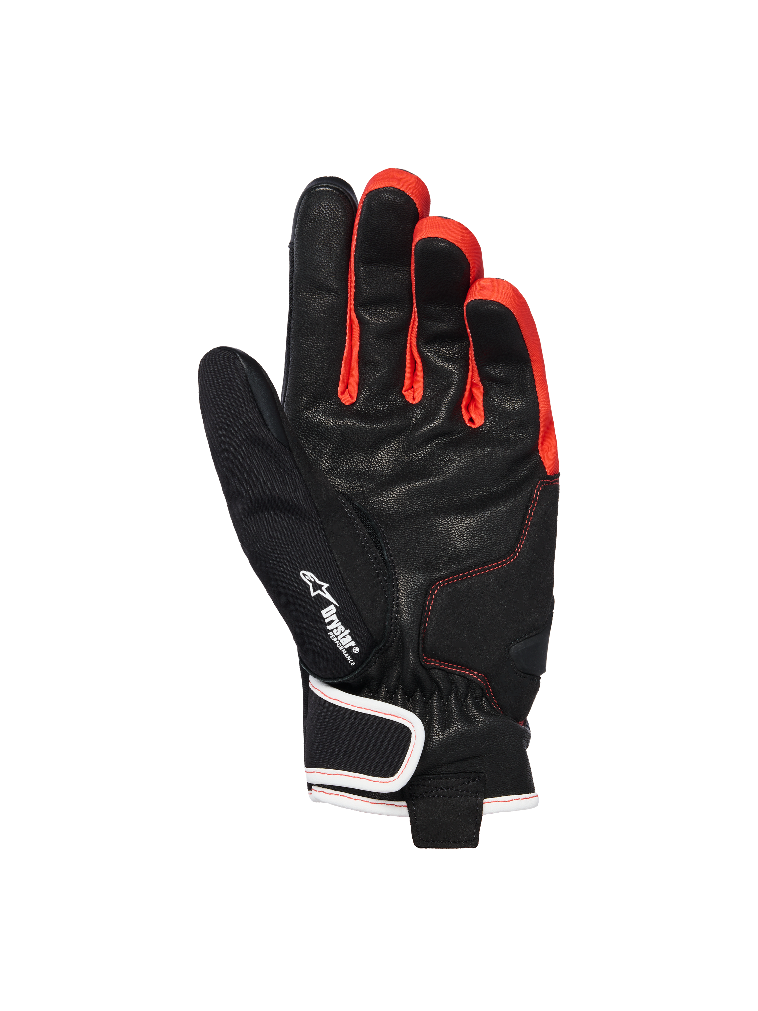 Rękawice Alpinestars Moblast Waterproof, czarno-antracytowo-pomarańczowe, widok od strony dłoni ukazujący konstrukcję ze skóry koziej, z logo Drystar, wyrazistymi pomarańczowymi akcentami między palcami i krótkim mankietem z zapięciem wykończonym białą lamówką